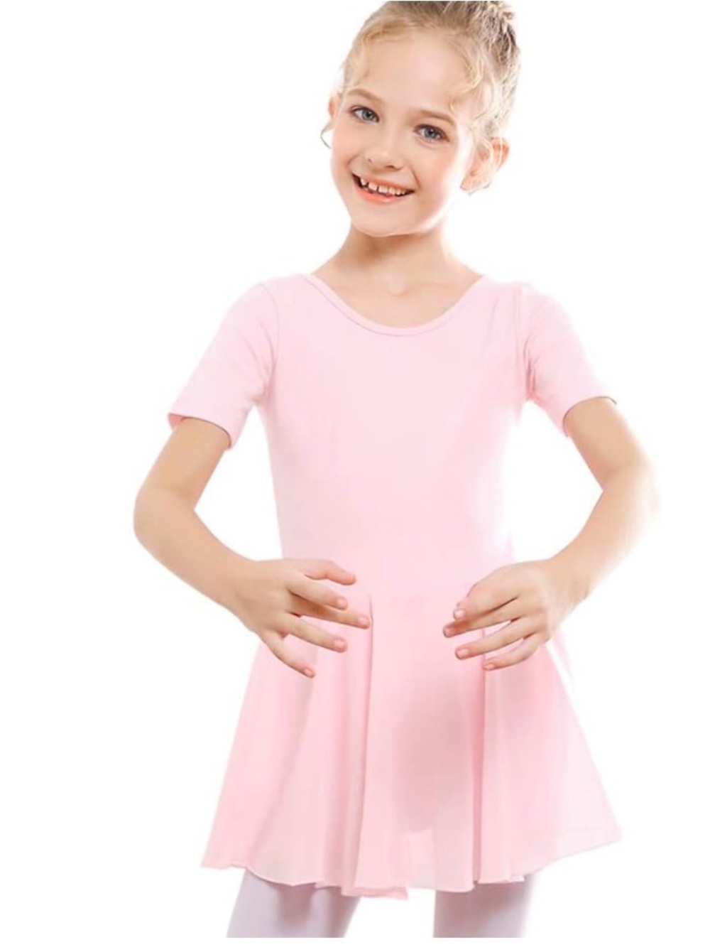 Girls Soft Pink Short-Sleeve Ballet Dress for Dance